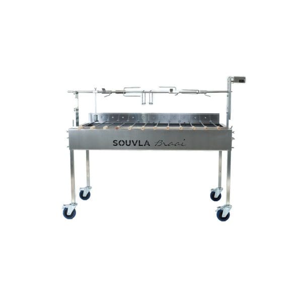 Stainless steel spit pro Souvla braai with white background 
