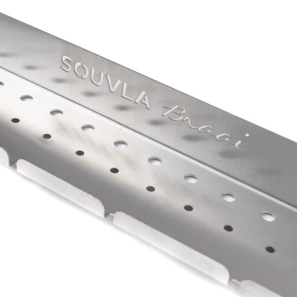 Souvla braai stainless steel wall skewer mount holder with white background